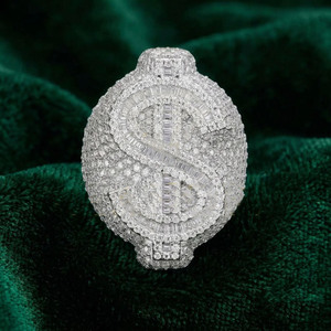 925 Sterling <b>Silver</b> Moissanite Diamond Dollar Sign Cocktail <b>Ring</b> Baguette Cut Rhodium Plated Cluster Hip Hop <b>Statement</b> Jewelry - Product Image 5