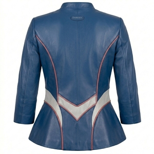Chaqueta de Cuero Azul para Mujer, Manga Tres Cuartos, Paneles en Contraste, Estilo Peplum, Venta al Por Mayor de Fábrica - Product Image 2