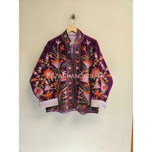 Chaqueta de terciopelo morado bordada con estampado floral, cuello mandarín, manga larga, para otoño, hecha a mano. - Product Image 1