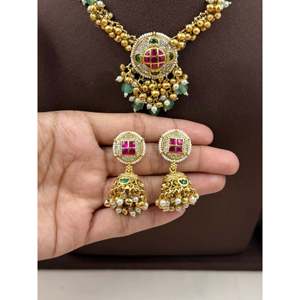 Indian Ethnic Archana Premium Gold Plated Bridal Chorski Necklace & Earring Set - Product Image 3