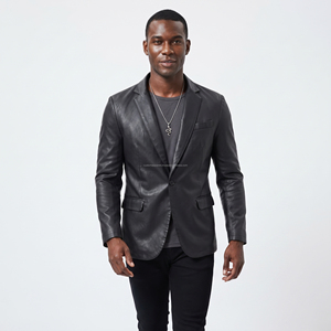 Men's Black PU Leather Blazer Slim Fit Single Button Turn-down Collar Front Logo Waterproof <b>Smart</b> <b>Casual</b> <b>Jacket</b> Winter Wear - Product Image 4