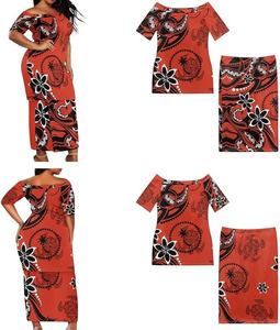 Vestido de Noche con Estampado de Flor de Hibisco al por Mayor, Vestido de Novia Rojo Personalizado con Estampado Tribal Polinesio, Vestido de Sirena con Cuello Redondo y Cola de Pez - Product Image 2