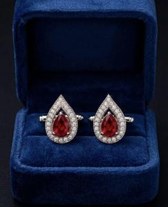 Ruby Red Teardrop Glass Cufflinks Platinum Halo Formal Jewelry Men's <b>Wedding</b> Shirt Christmas Party Luxury Gift <b>Accessory</b> - Product Image 2