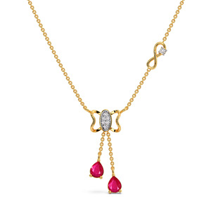 Butterfly Twin Drop Diamond <b>Necklace</b> with Pink Teardrop Stones and <b>Infinity</b> Side Accent Design - Product Image 1