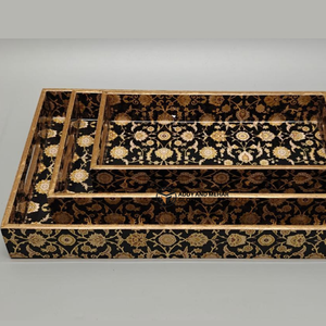 ชุดถาดเสิร์ฟเคลือบสีดำลายเรขาคณิต ปลอดภัยสำหรับอาหาร 3 ชิ้น – ถาดซ้อนกันได้ทันสมัยหรูหรา ทำจาก MDF และกระดาษ สำหรับห้องครัว ห้องรับประทานอาหาร และตกแต่งบ้าน - Product Image 2