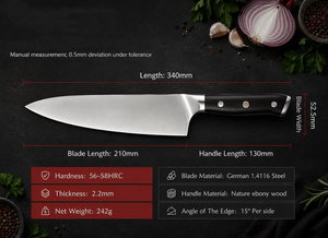 Couteau de chef en acier inoxydable avec manche en bois d'ébène, couteau de cuisine professionnel, 56-58 HRC, vente en gros - Product Image 6