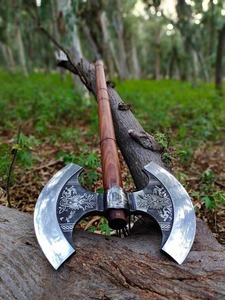 Hacha de doble hoja estilo vikingo, cabeza de acero forjado, mango de madera, funda de cuero, diseño de nudo celta, herramienta de caza para exteriores - Product Image 3