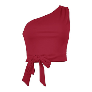 Haut court asymétrique en tricot pour femme avec nœud papillon, couleur unie, sans manches - Product Image 6