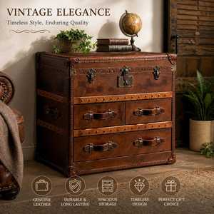 Armoire de rangement vintage en cuir marron, coffre antique en bois, meuble d'appoint pour salon - Product Image 2