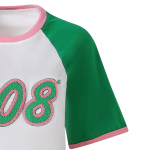 Camisa Raglán de Chenilla Premium para Mujer, Color Verde, Blanco y Negro, Suave, 100% Algodón, Bordada, Manga Corta, Estilo Griego Informal - Product Image 4