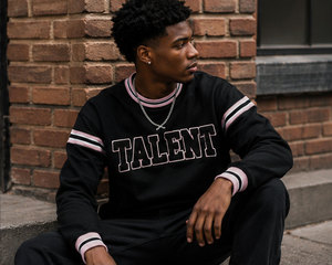 <b>Men's</b> Custom <b>Black</b> Crewneck <b>Sweatshirt</b> with Chenille Varsity Lettering Pink Striped Sleeves Rib Cuffs and Hem - Product Image 4