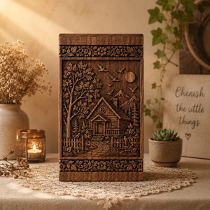Handcrafted Wooden Urn <b>Box</b>-Engraved Cabin Nature Scene Memorial Keepsake Eco-Friendly & Durable - Product Image 5
