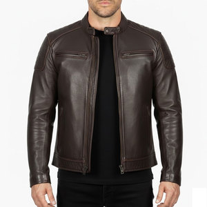 Veste de motard en cuir de vachette personnalisée pour homme, marron, avec col montant et poches zippées, vente en gros - Product Image 1