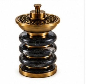 Quemador de incienso de lujo de mármol negro, quemador de oud de metal, soporte de diseño, quemador artesanal de piedra negra con capas de mármol negro - Product Image 2
