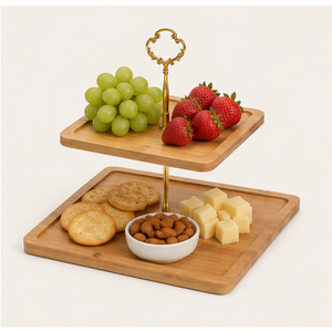 2-Tier Eco-Friendly <b>Square</b> Cake Stand with Luxury Gold Crown Handle Natural Wooden Dessert Display Tray for Cupcakes Pastries - Product Image 2
