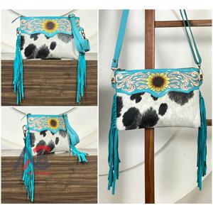 Sac à bandoulière de luxe en cuir de vachette artisanal avec franges, motif tournesol mignon, grande capacité, pour femme - Product Image 1