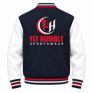 Veste universitaire pour homme Fly Humble, bleu marine et blanc, style preppy, logo brodé, coupe classique, vêtement d'hiver, col rond, fermeture à boutons - Product Image 4