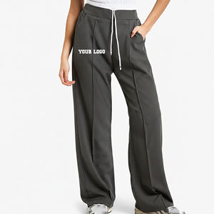 Pantalon décontracté en maille gris pour femme, taille haute, coupe ample, jambe large, avec cordon élastique, longueur intégrale, couleur unie, personnalisable avec logo - Product Image 4