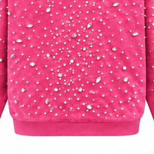 เสื้อฮู้ดซิปสีชมพูสดใส ประดับมุกและคริสตัล แฟชั่นสตรีทแวร์ แจ็คเก็ตแขนยาวมีฮู้ด กระเป๋าหน้า - Product Image 5