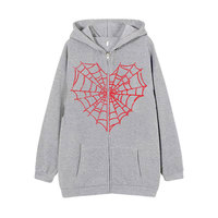 Sudadera con Capucha Oversize de Algodón 100% para Mujer Tallas Grandes, con Estampado de Telaraña Bordado, Cremallera, Estilo Casual Urbano para Otoño