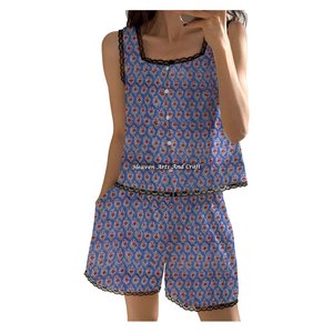 Conjunto de Pijama de Algodón con Estampado Indio y Ribete de Encaje, Pantalones Cortos, Ropa de Estar por Casa, Primavera/Verano, Floral, Sin Mangas, Venta al por Mayor - Product Image 5
