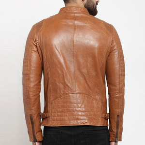 Blouson moto en cuir véritable marron pour homme, col montant, fermeture éclair, coupe ajustée, pour l'automne, style motard - Product Image 3