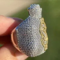 Bague Statement avec Symbole Dollar, Moissanite Audacieuse, Bijoux Hip Hop Classiques pour Femme, Motif Sac d'Argent, Plaqué Or Jaune, Sans Nickel, Solide