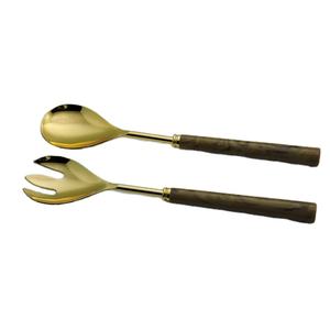 Venta caliente mejor diseño 2023 Acero inoxidable chapado en oro con resina y mango táctil de madera Servidor de ensalada para cocina y comedor - Product Image 2