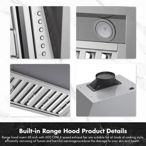 เครื่องดูดควันในครัวสแตนเลสขนาด 48 นิ้ว รุ่น Range Hood Built-in/Insert 48 นิ้ว พร้อมพัดลมดูดอากาศ 600 CFM - Product Image 6