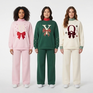 Sweat-shirt à col montant brodé de fleurs festives pour femmes et pantalon assorti, pull à manches longues surdimensionné, ensemble deux pièces - Product Image 6
