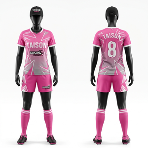 Uniforme de fútbol transpirable de poliéster interlock premium de 150 GSM, rosa y blanco con paneles geométricos, sublimación y logotipo personalizado. - Product Image 1