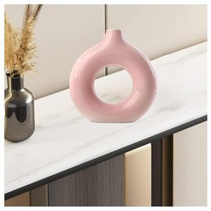 Vase à fleurs rond minimaliste en céramique rose en forme de beignet, finition mate, pour la décoration de la maison - Product Image 2
