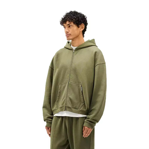 Men's Olive Green Hooded Fleece Zip-Up Sweatshirt Casual Autumn Wear Solid Color <b>Knitted</b> Fabric - Product Image 4