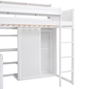 Letto a soppalco in legno bianco per bambini, singolo, con ripiani multipli e armadio - Product Image 6