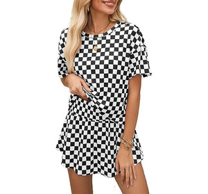 Vestido holgado de manga corta con cuello redondo y estampado a cuadros rosa y blanco para mujer, con volantes, informal, para primavera y verano - Product Image 2
