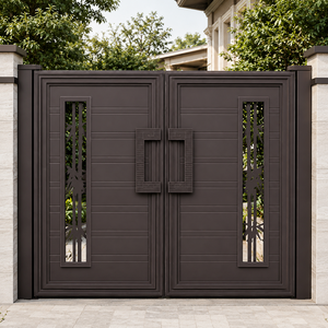 Puerta de entrada doble moderna de metal marrón oscuro con manijas geométricas, paneles decorativos recortados y diseños residenciales elegantes - Product Image 1