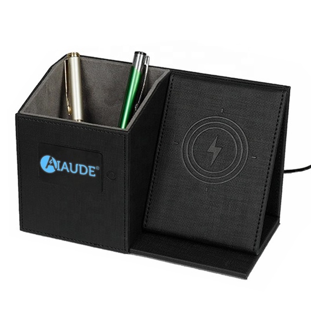 Desktop PU Leather Pen Holder With 15W Wireless Charger Phone Stand Custom LED Illuminated Logo Office Desk Organizer