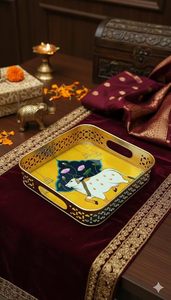 Plateau rond artisanal en céramique, motifs floraux Pichwai variés, finition brillante - Product Image 5