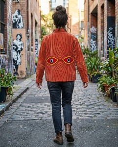 Women's Orange Velvet Bomber Jacket With Embroidered Eye Motif Stand Collar Full Sleeve Autumn Wear Handmade <b>Coat</b> Embroidered - Product Image 4