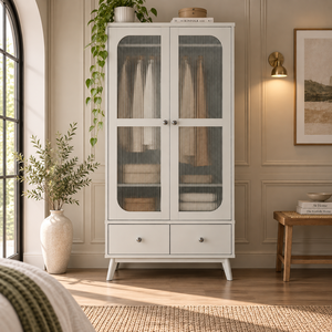 Armoire de chambre à coucher en bois avec 2 tiroirs, armoire de rangement contemporaine, portes en verre cannelé, design élégant et bois massif durable - Product Image 1
