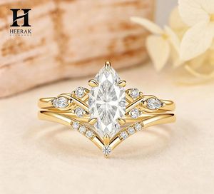Ensemble de bagues de mariage tendance en or jaune 10K 14K, coupe marquise, 2 pièces, avec couronne entrelacée et bande chevron, bijoux personnalisés - Product Image 5