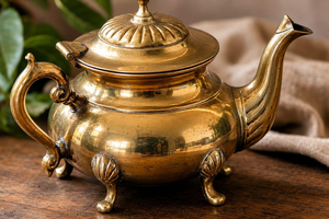 Théière anglaise antique en laiton à quatre pieds avec couvercle à charnière, style rénovation orientale, décorative vintage, pour table européenne classique - Product Image 6