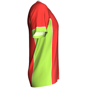 Camiseta Deportiva Roja Vibrante con Cuello en V, Paneles Laterales Verde Lima, Ribete Blanco y Diseño Deportivo Contemporáneo con Bloques de Color - Product Image 3