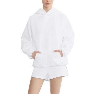 Conjunto de Sudadera con Capucha y Pantalones Cortos de Algodón para Mujer, Estilo Casual Deportivo, Tendencia 2025, Patrón Liso, Técnica Lavada, 100% Algodón - Product Image 1