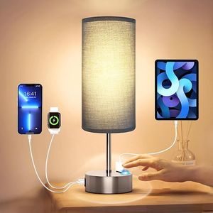 Lampada da Tavolo in Lino Dimmerabile a 3 Livelli con Porte di Ricarica USB A+C, Piccola Lampada da Comodino con Controllo Touch e Presa AC - Product Image 4