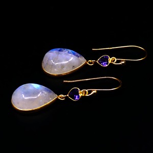 Boucles d'oreilles pendantes en argent 925 plaqué or avec améthyste et pierre de lune serties en forme de goutte d'eau, style romantique pour femme - Product Image 4