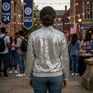 Cosh International Custom Logo Sorority Sisterhood Silver <b>Sequined</b> Bomber <b>Jacket</b> Full Sleeve Zipper Closure Turn-down Collar - Product Image 3