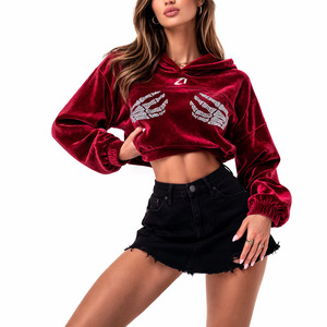 Trendy Women Cropped Velvet Red Hoodies Rhinestones Skeleton hand Graphic Streetwear Long Sleeve Pullover Custom Fashion - Product Image 3