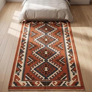 Handmade Handwoven Handcrafted Kilim Wool Rug - Terracotta Tribal Geometric Diamond Flatweave Carpet Boho Ethnic <b>Floor</b> <b>Runner</b> - Product Image 2