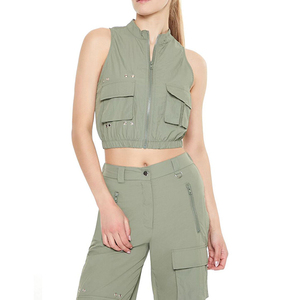 Chaqueta Corta Acolchada Transpirable de Punto para Mujer, Corte Ajustado, Múltiples Bolsillos, Cierre Completo, Sin Mangas - Product Image 1